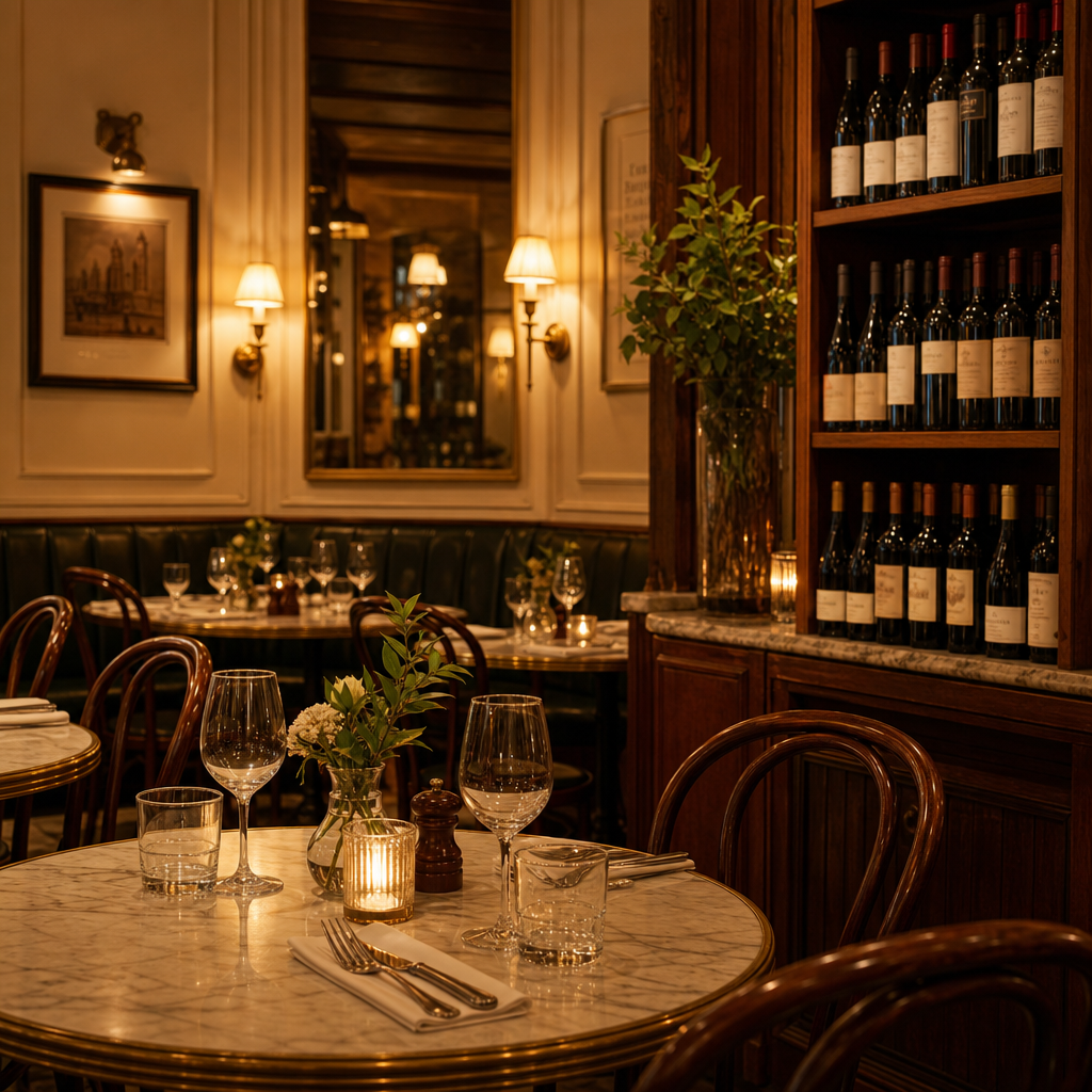 Cozy Parisian bistro interior with warm lighting, marble tables, and wine bottles on wooden shelves