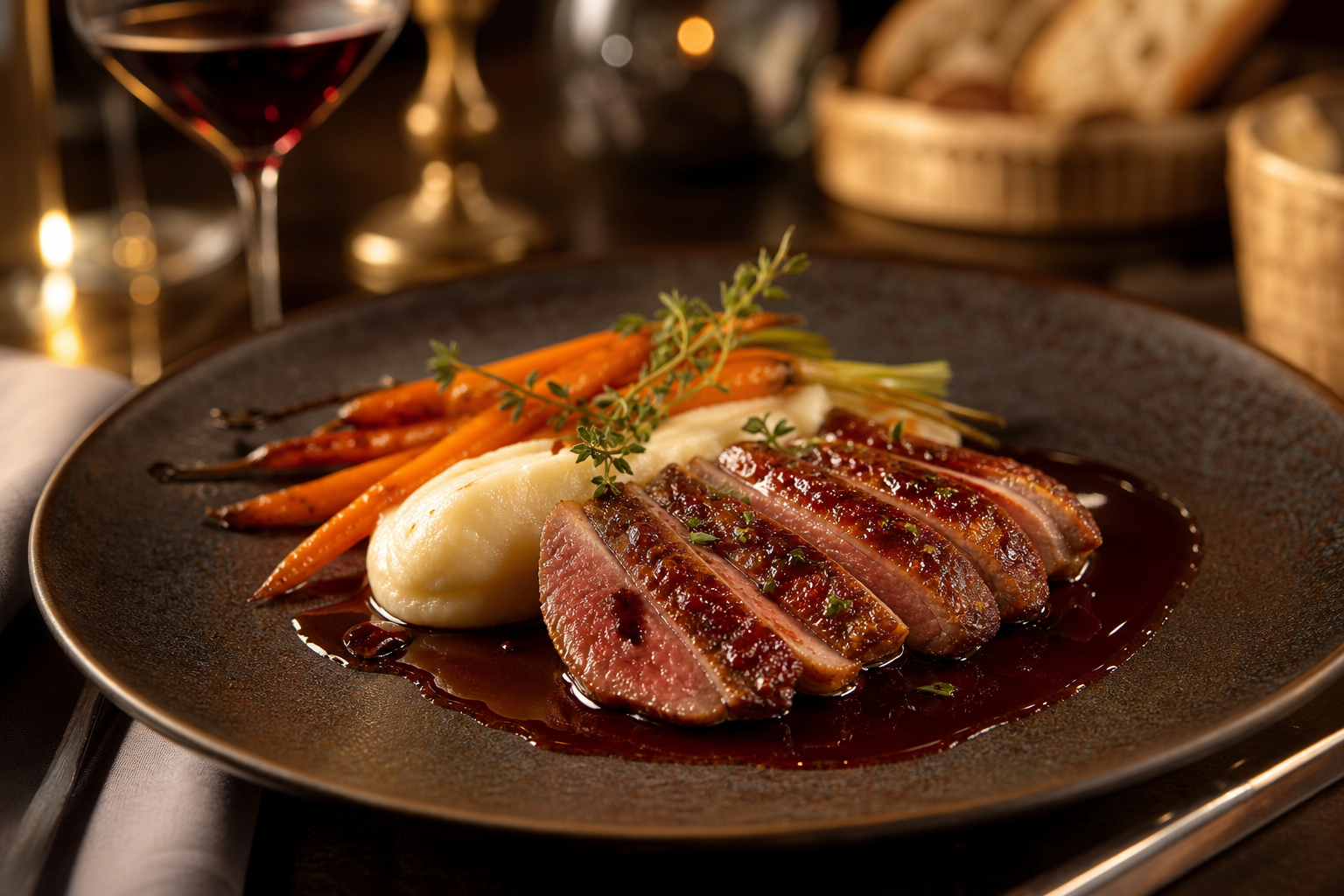 Elegant French dinner plate with seared duck breast, glazed carrots, and red wine reduction on a stoneware dish
