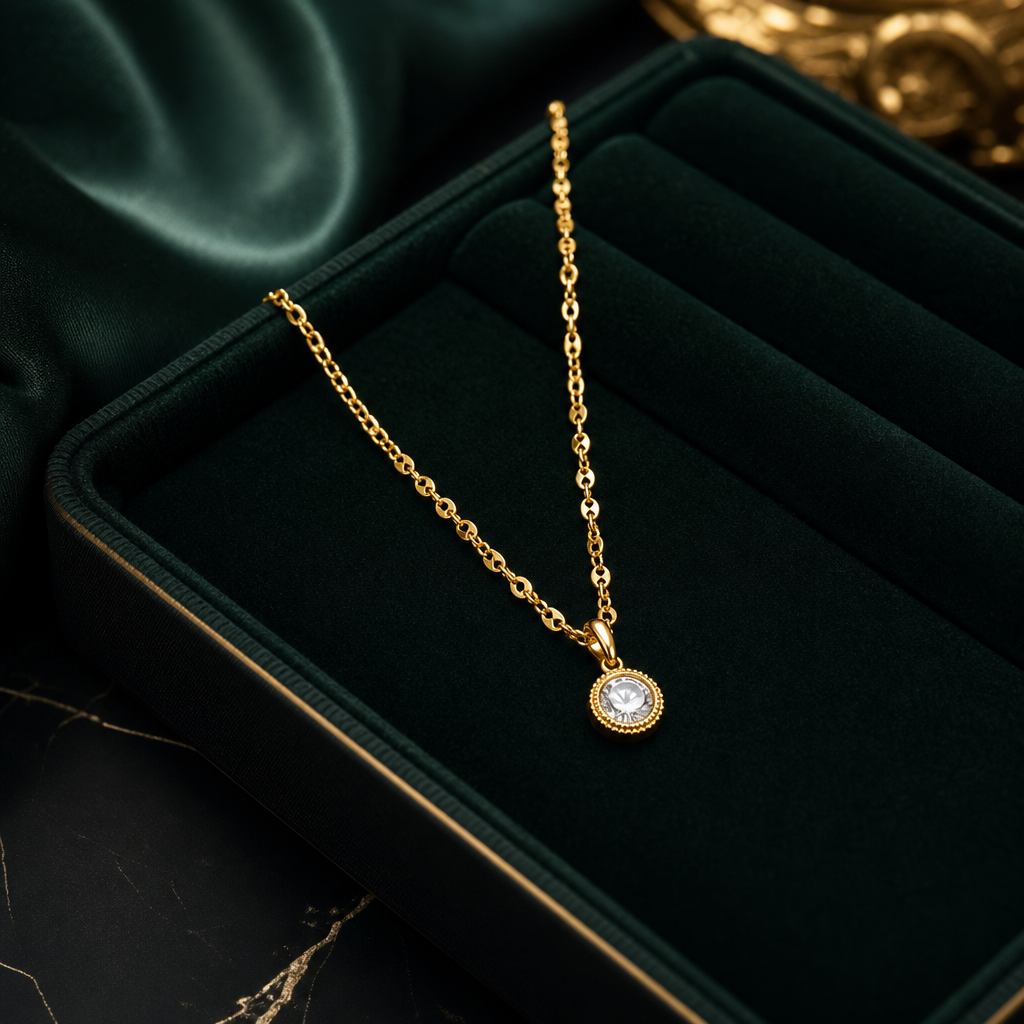 Close-up of a refined gold-toned necklace on a dark velvet tray, showcasing delicate craftsmanship and luminous details