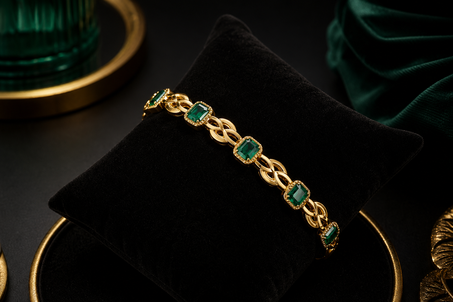 Gold bracelet with emerald links resting on a black velvet cushion