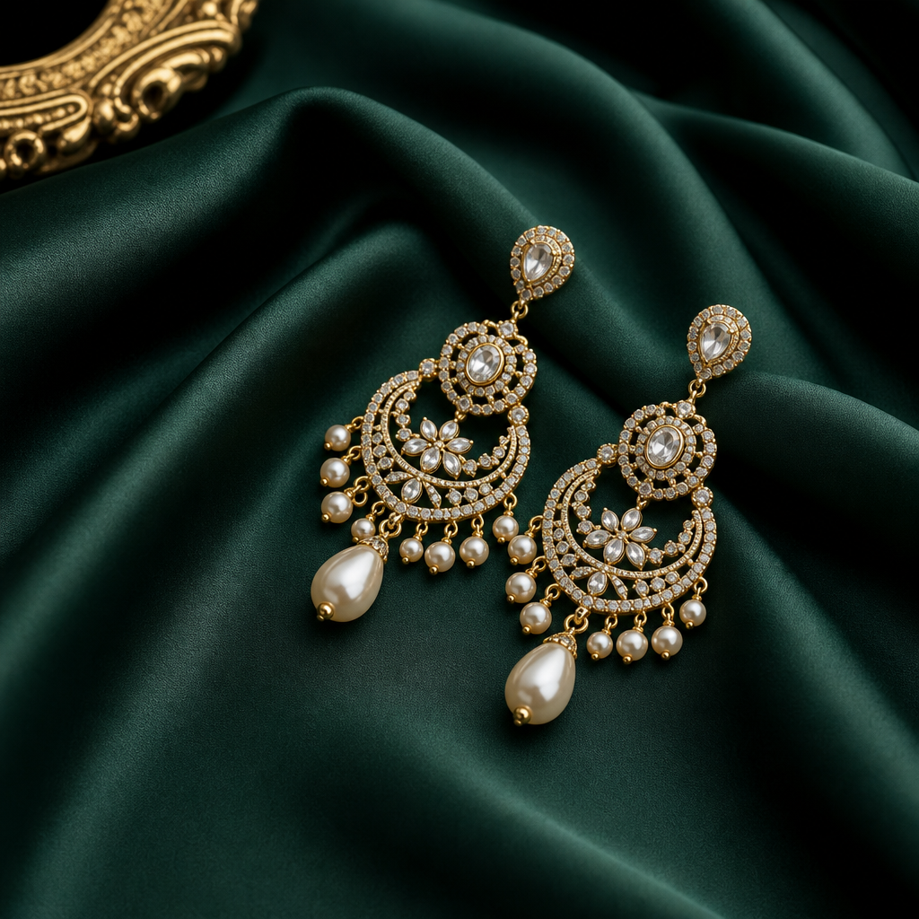 Pair of chandelier earrings with pearl drops on a deep green satin