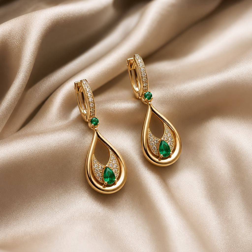 Pair of gold drop earrings with small emerald accents on silk fabric