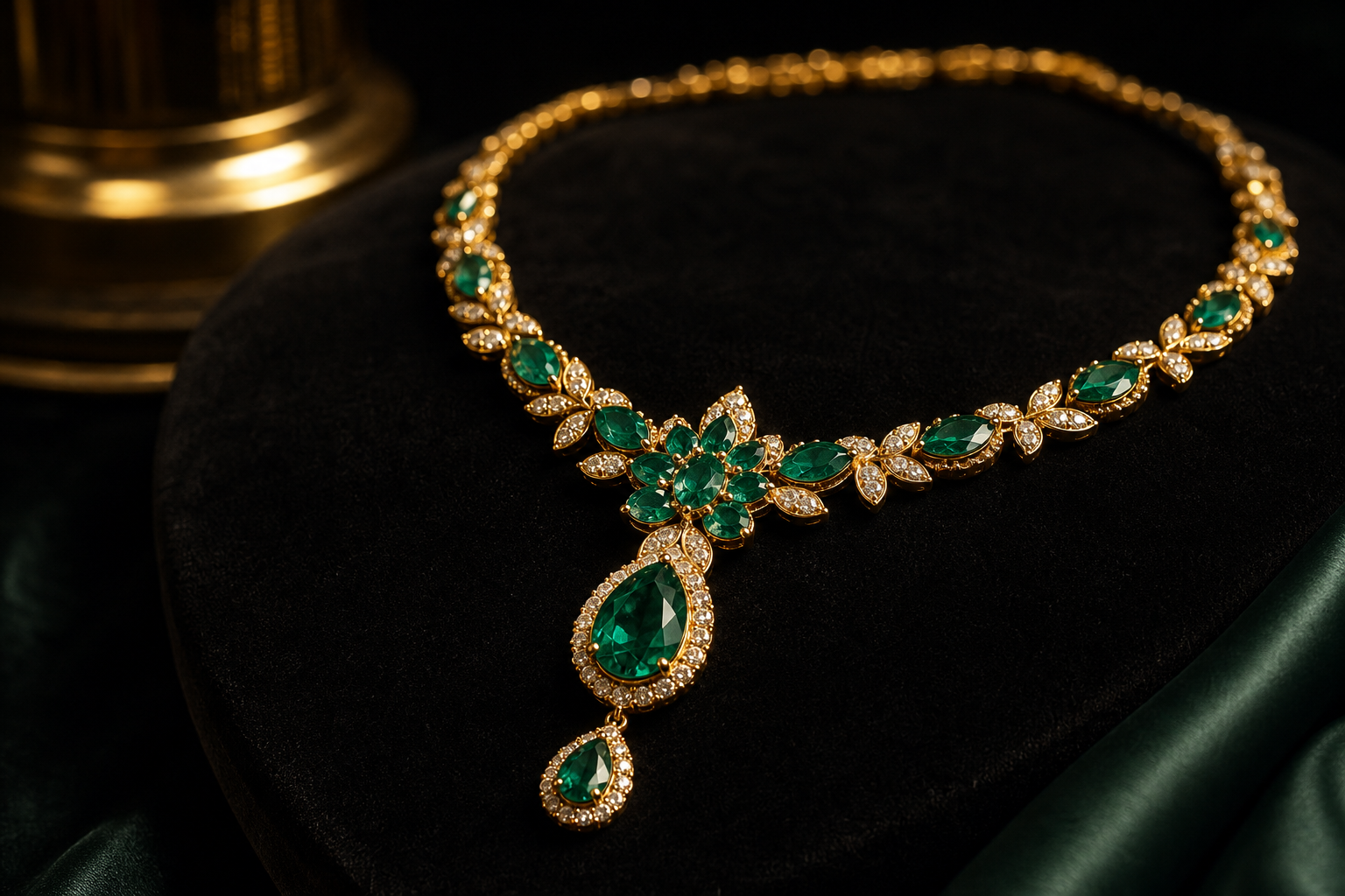 Editorial close-up of an emerald and gold necklace with diamond accents under dramatic studio lighting