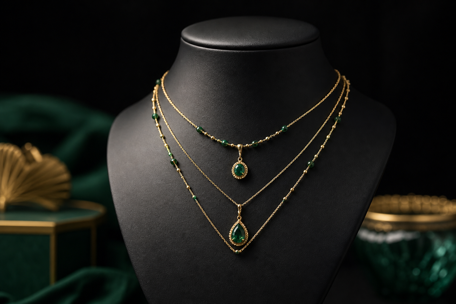 Layered emerald and gold necklace on a matte black bust with soft studio lighting