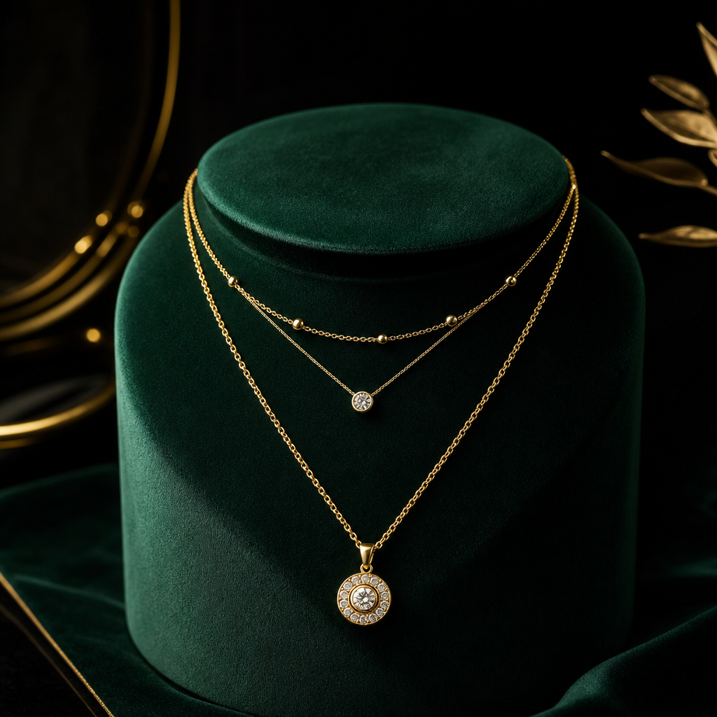 Layered gold necklace set on a dark emerald velvet pedestal