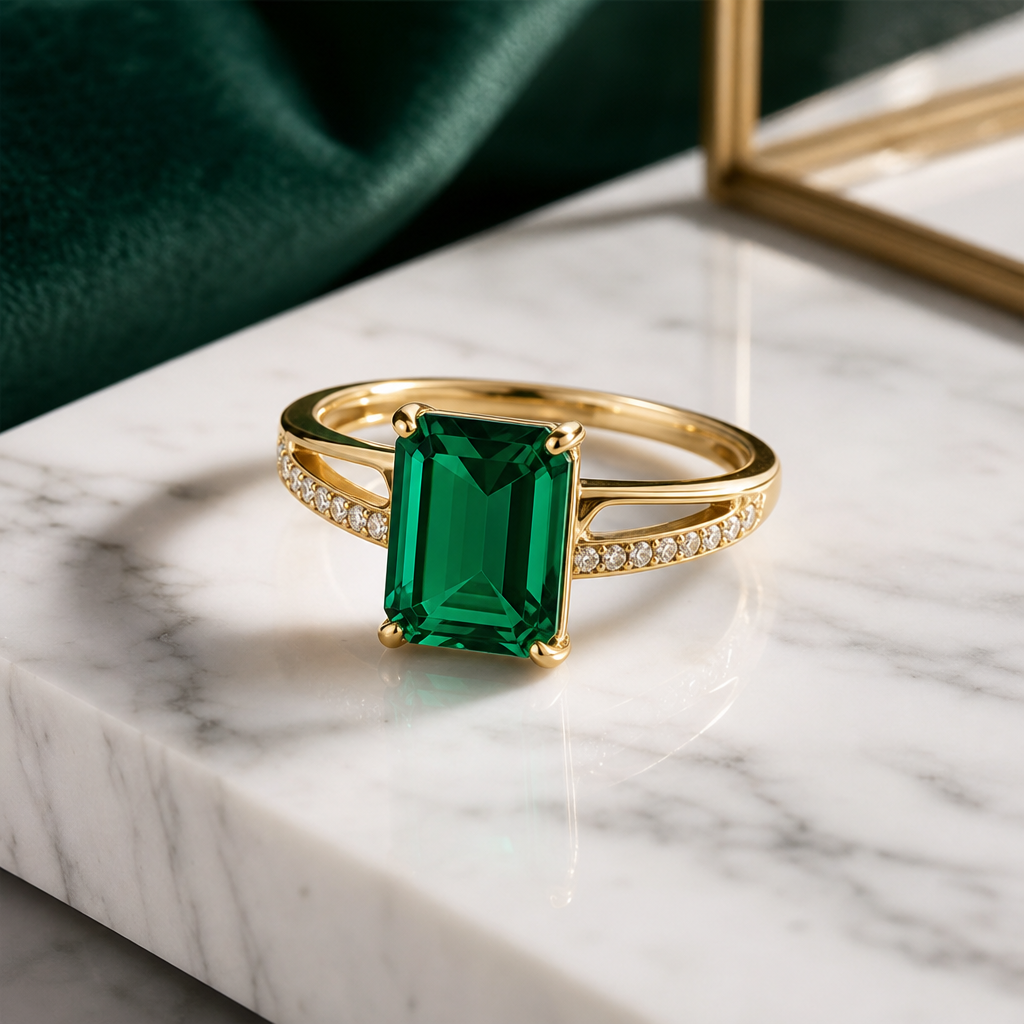 Statement gold ring with emerald stone on a white marble surface
