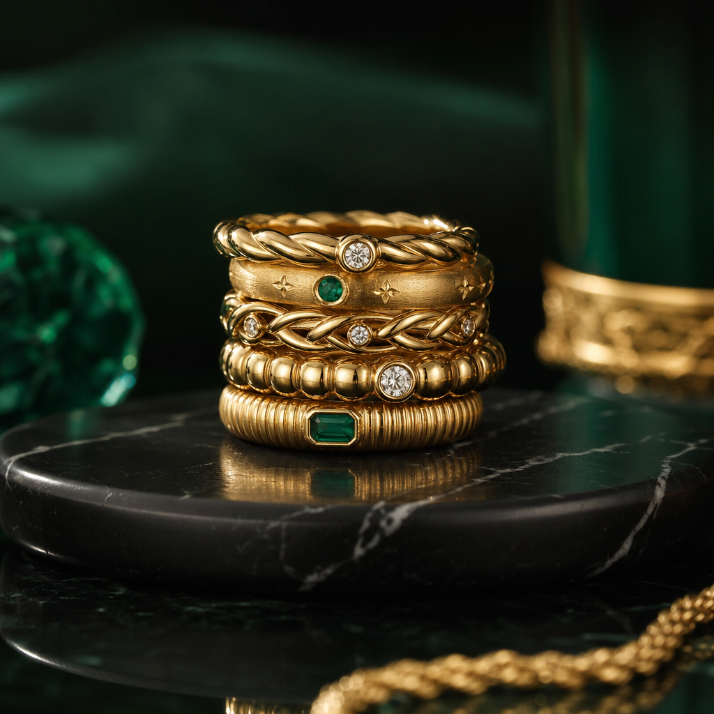 Stack of sculpted gold rings with gemstone accents on a black marble plate