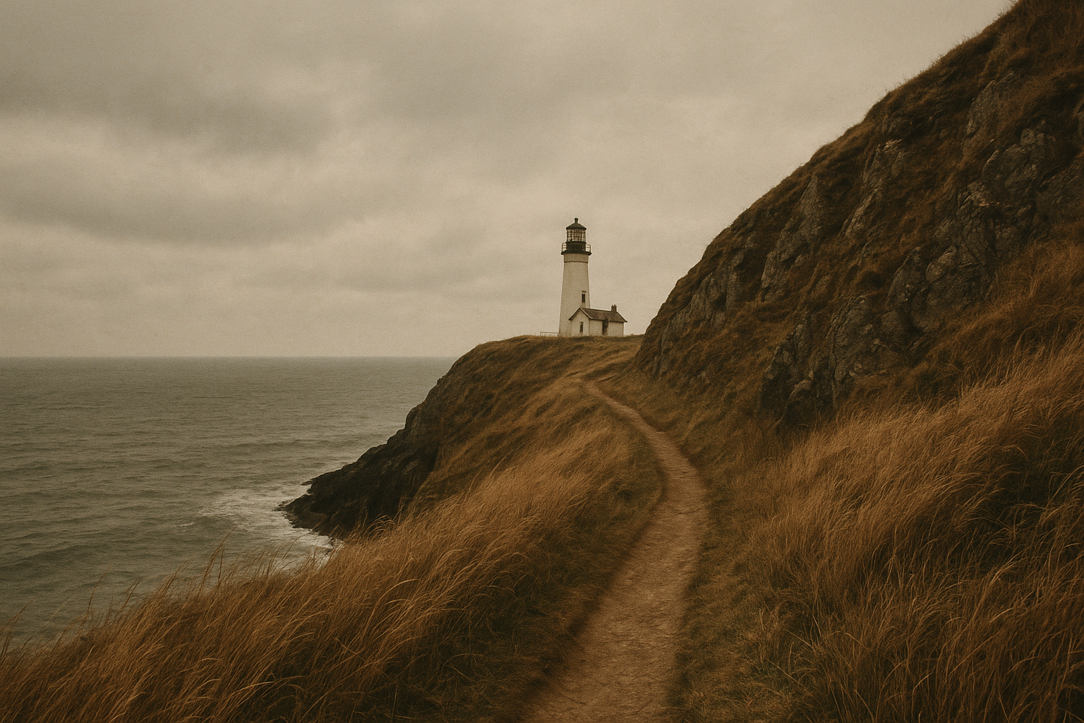 Narrow footpath climbing rugged cliffs toward a lighthouse station under overcast skies