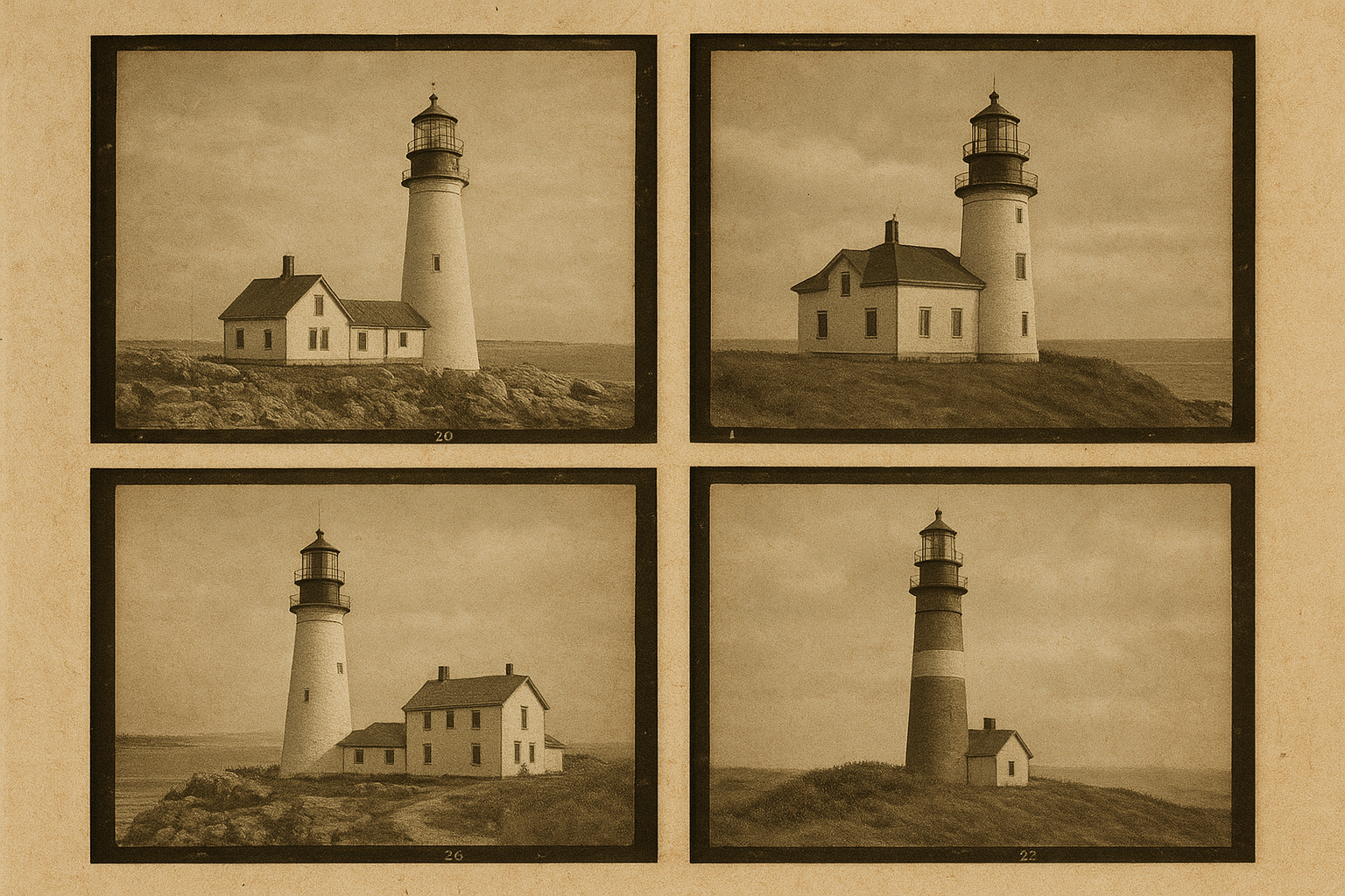 Contact-sheet style archival lighthouse photographs laid out on aged paper