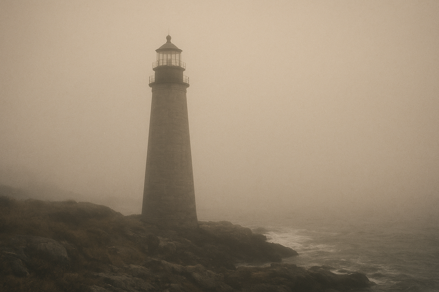 Tall stone lighthouse rising through dense dawn fog above a dark shoreline