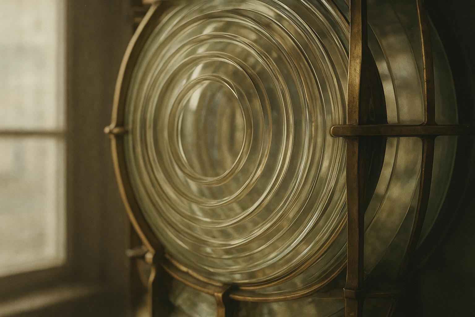 Detailed close-up of a lighthouse Fresnel lens showing concentric prisms and metal supports