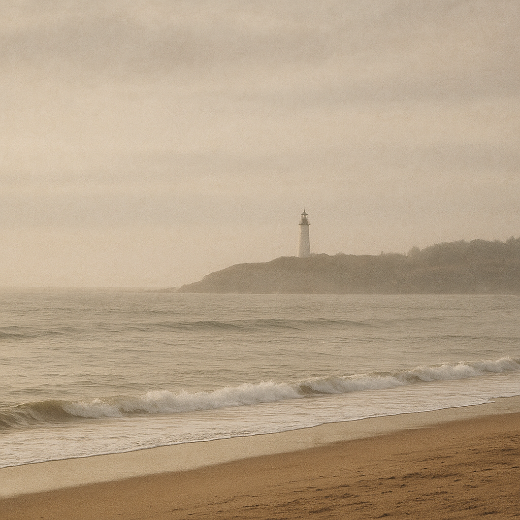 Wide shoreline view with low surf, distant beacon tower, and layered coastal haze