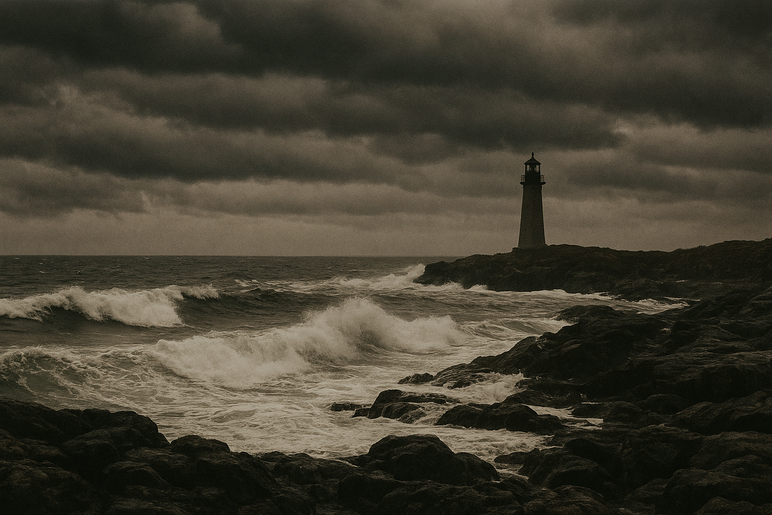 Stormy coastal scene with heavy clouds, white water, and a lighthouse silhouette on rocky outcrop