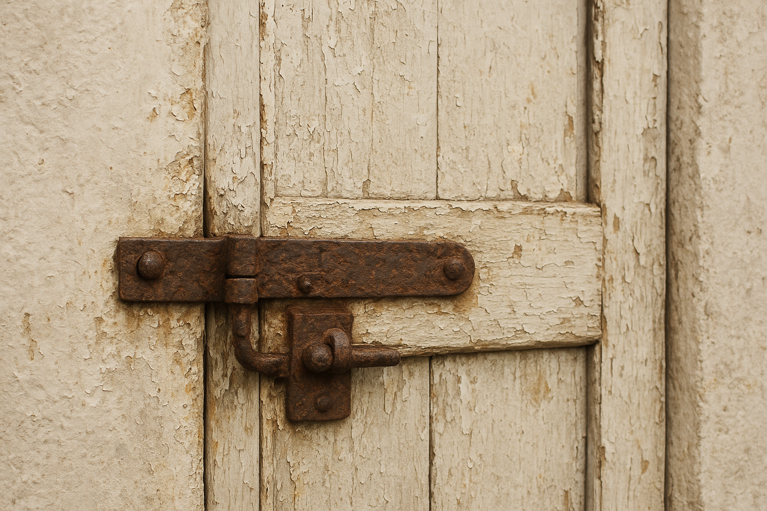 Close view of weathered painted wooden door with rusted iron hinges and sea-worn grain