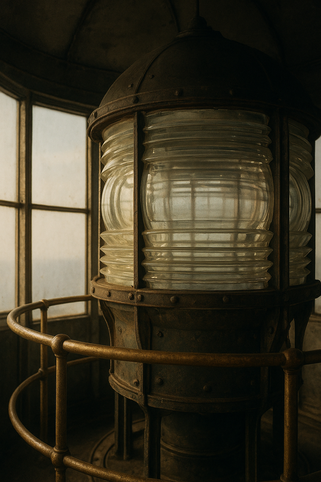Warm archival-style photograph of a lighthouse lantern room interior with weathered brass framing and textured beacon glass