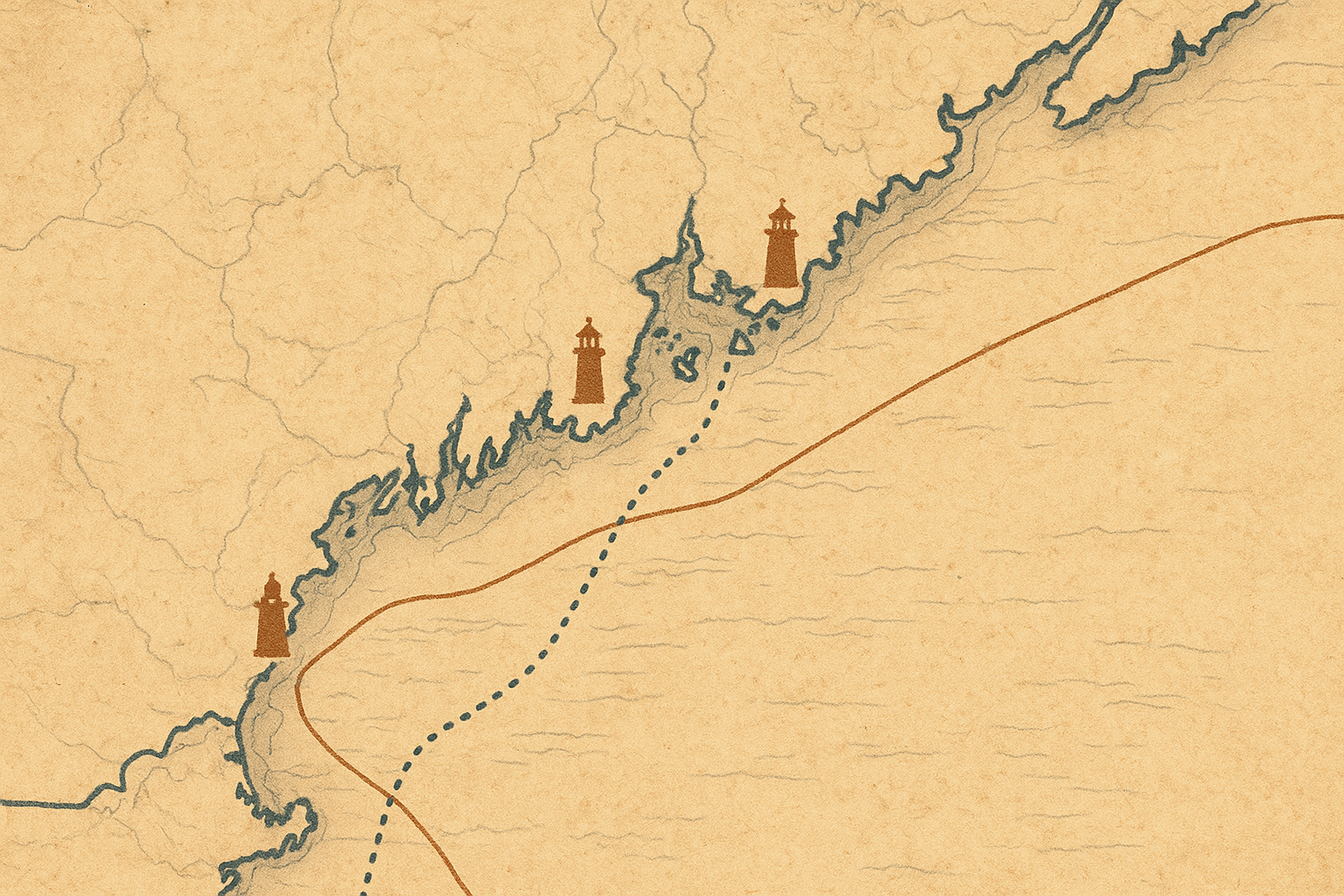 Historic coastal map detail with traced shoreline and marked lighthouse points