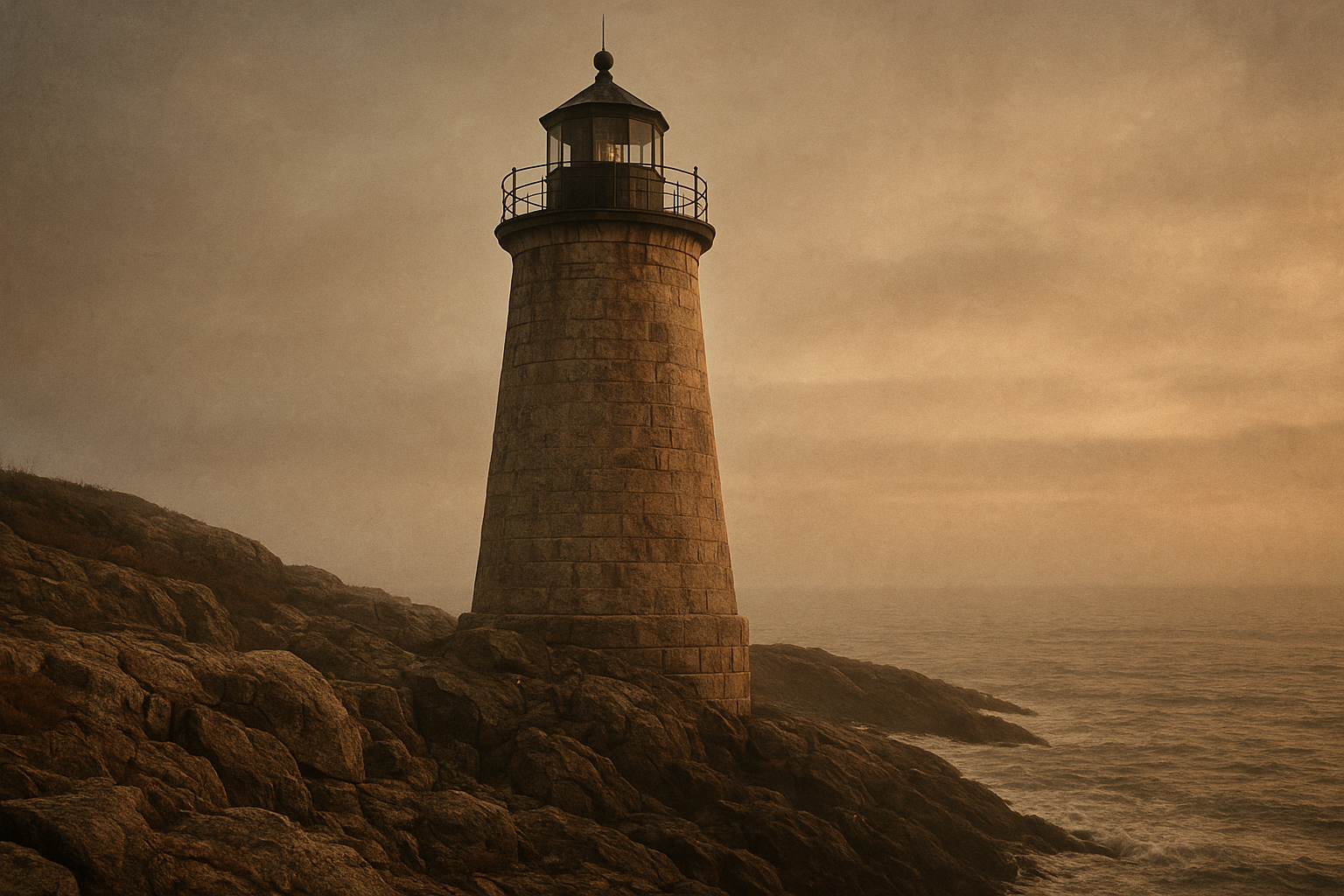 Historic stone lighthouse on the northern coast above misty water, captured in warm film-like documentary light