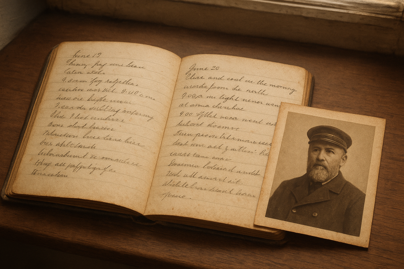 Vintage keeper logbook with a sepia portrait and handwritten entries