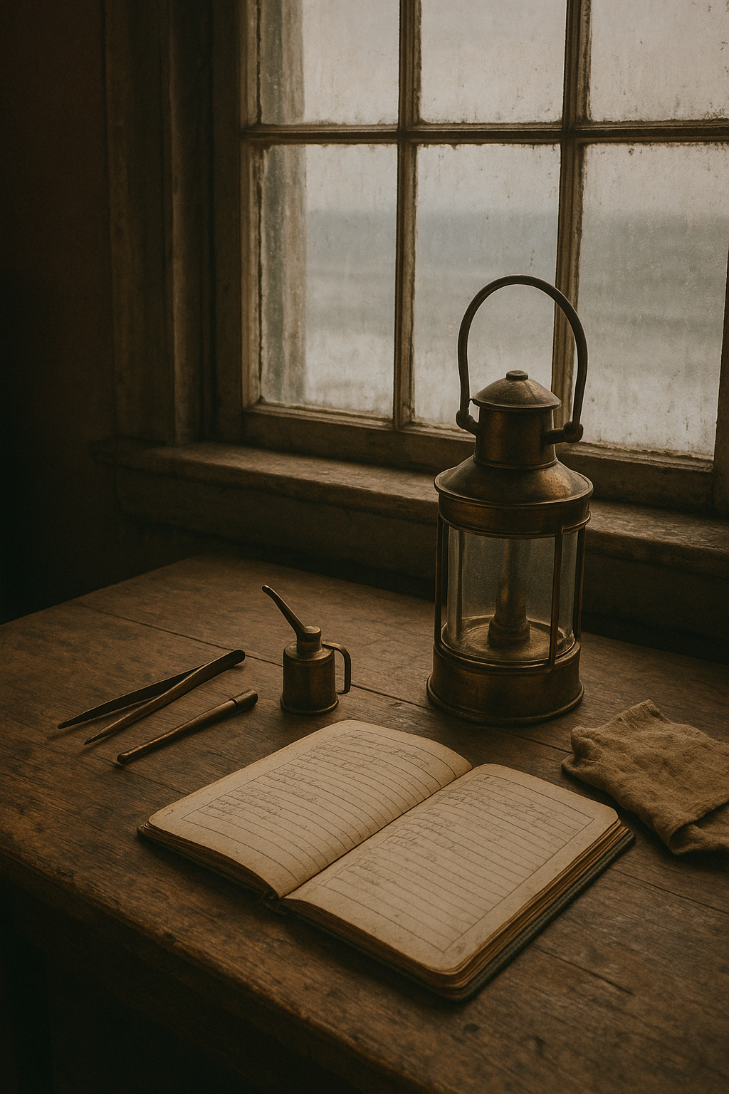 Archival-style interior of a lighthouse watch room with lantern tools on a wooden table and soft window light