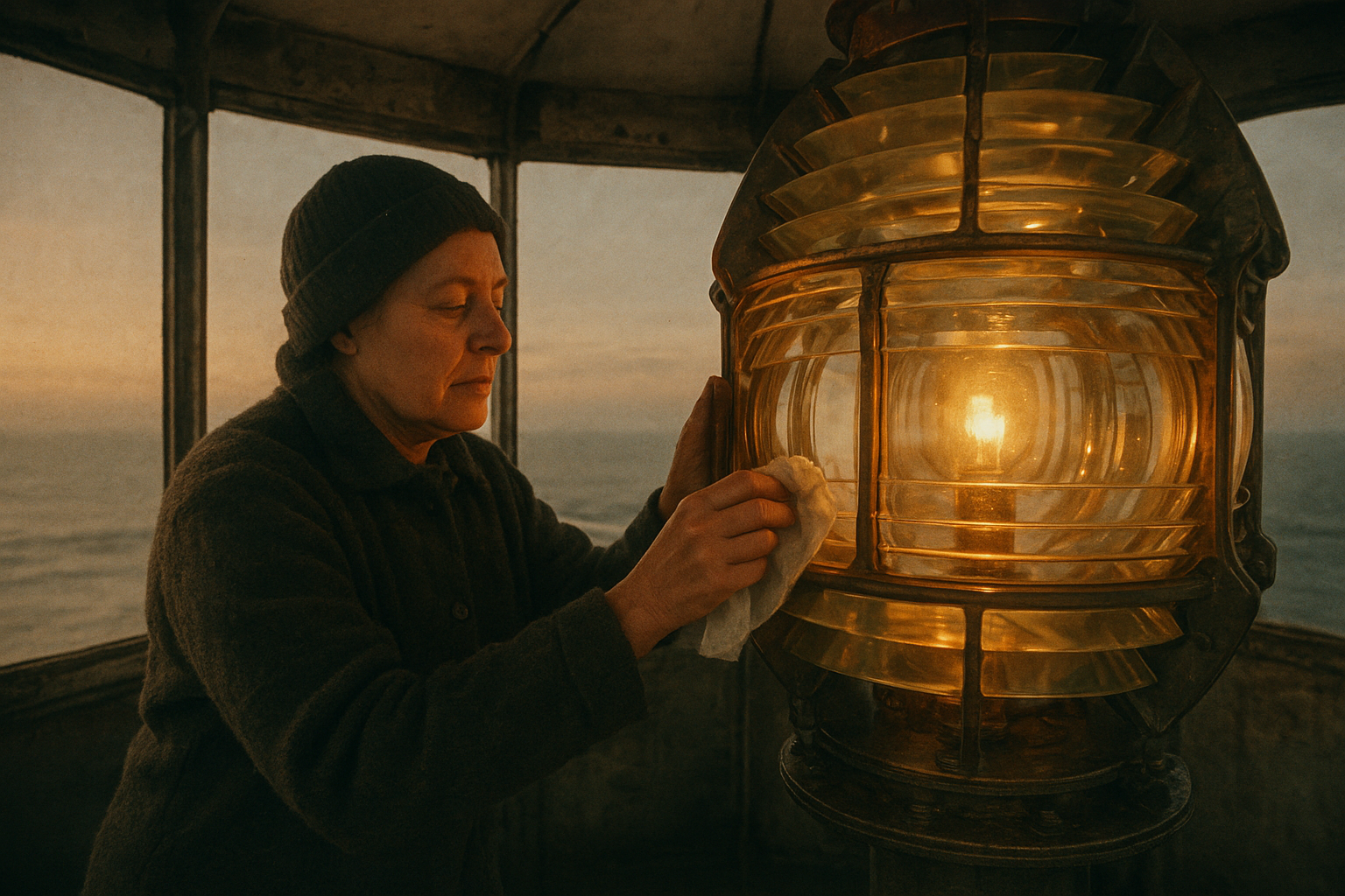 Lantern room interior where a keeper trims the lamp wick beside polished brass fittings and fogged glass panes