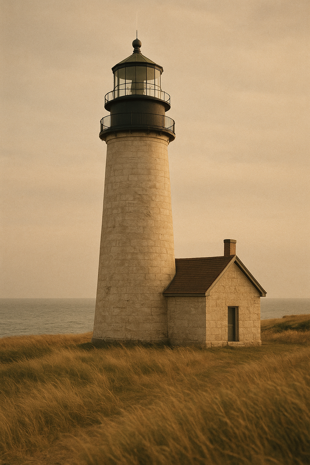 Restored northern-coast lighthouse exterior with weathered stone base and repaired lantern gallery in warm late-afternoon light