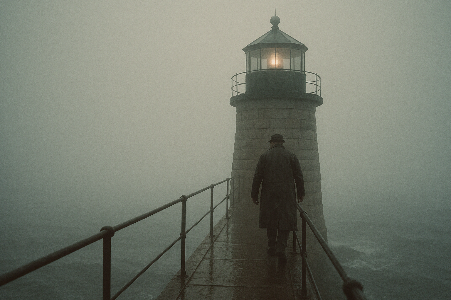 Narrow lighthouse catwalk with a lone keeper walking in sea fog above dark water