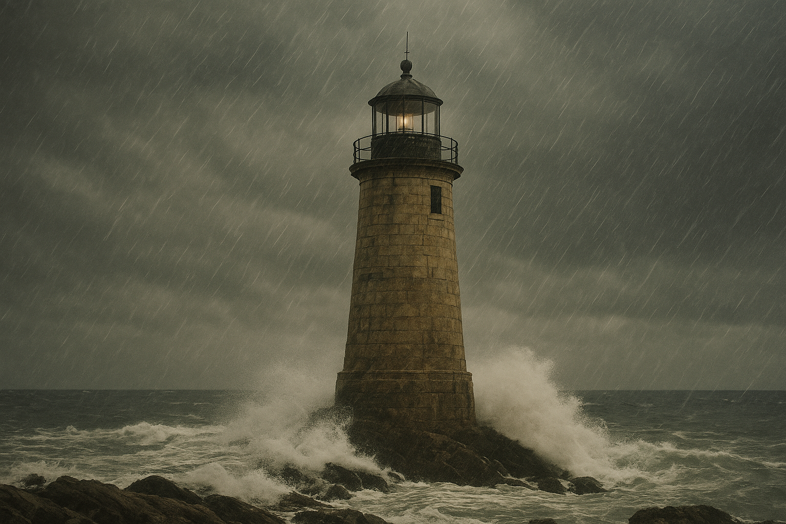 Stone lighthouse exterior facing a winter storm with rain streaks and rough waves striking the shore