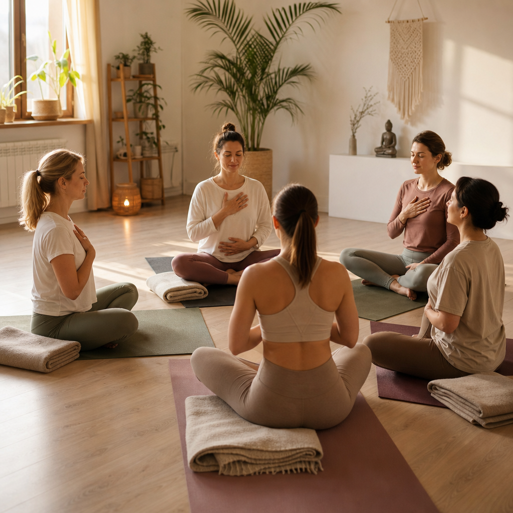A small women's class seated in a circle for a short breathing practice with folded blankets and warm daylight