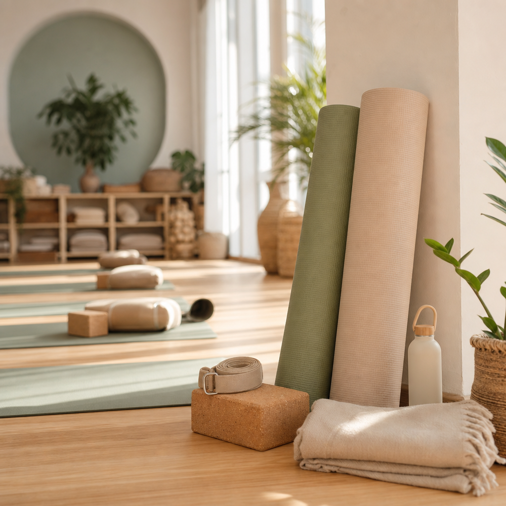 Three women smiling while rolling up yoga mats after class, with water bottles and a calm studio backdrop