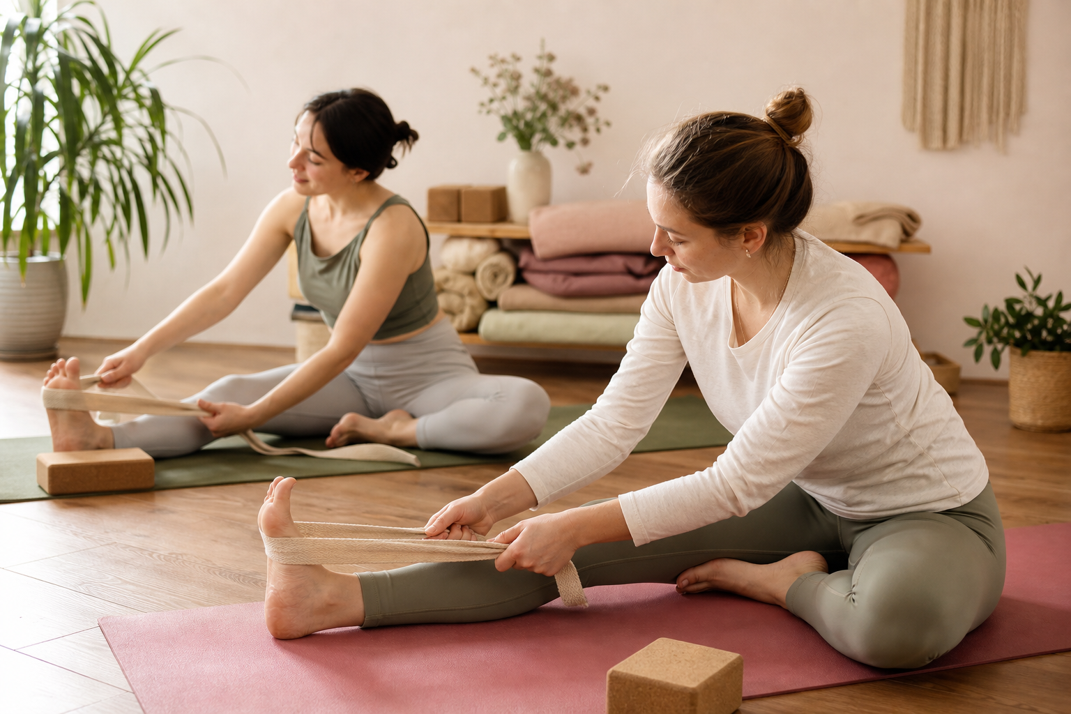 Two women using cork yoga blocks and soft straps during a mindful floor sequence on sage and sand colored mats