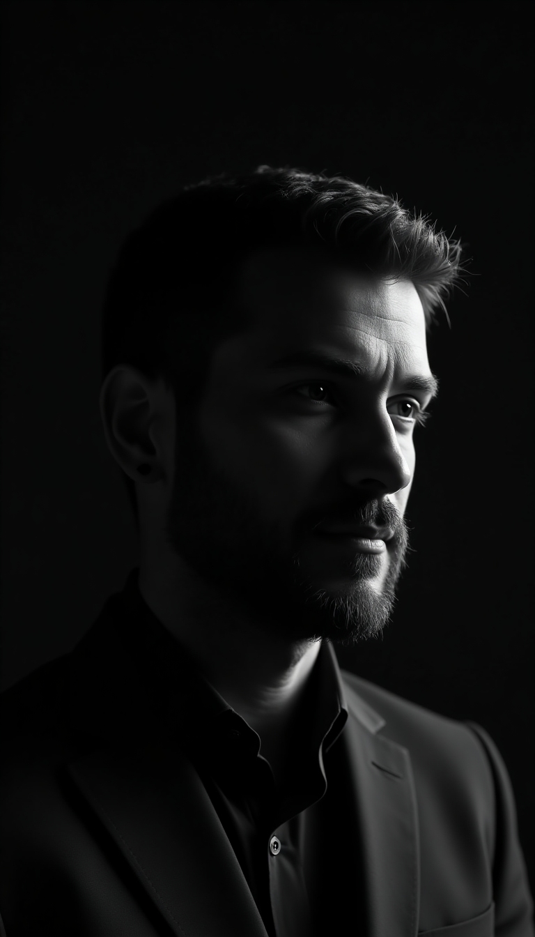 Moody cinematic portrait on a dimly lit set with soft rim lighting and deep shadows