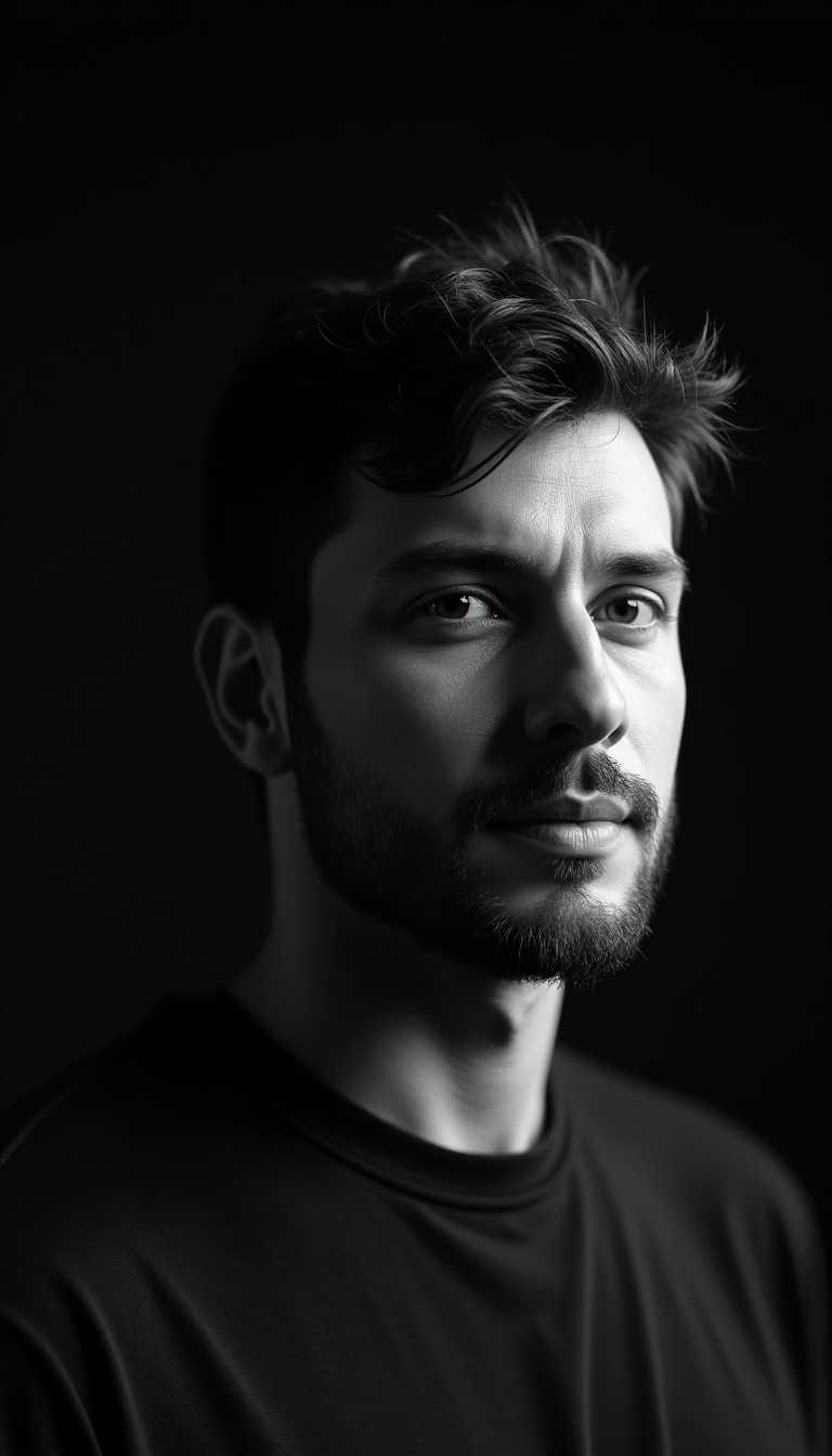 Moody black-and-white portrait of a creative director in a studio, cinematic lighting with deep shadows and a soft rim light