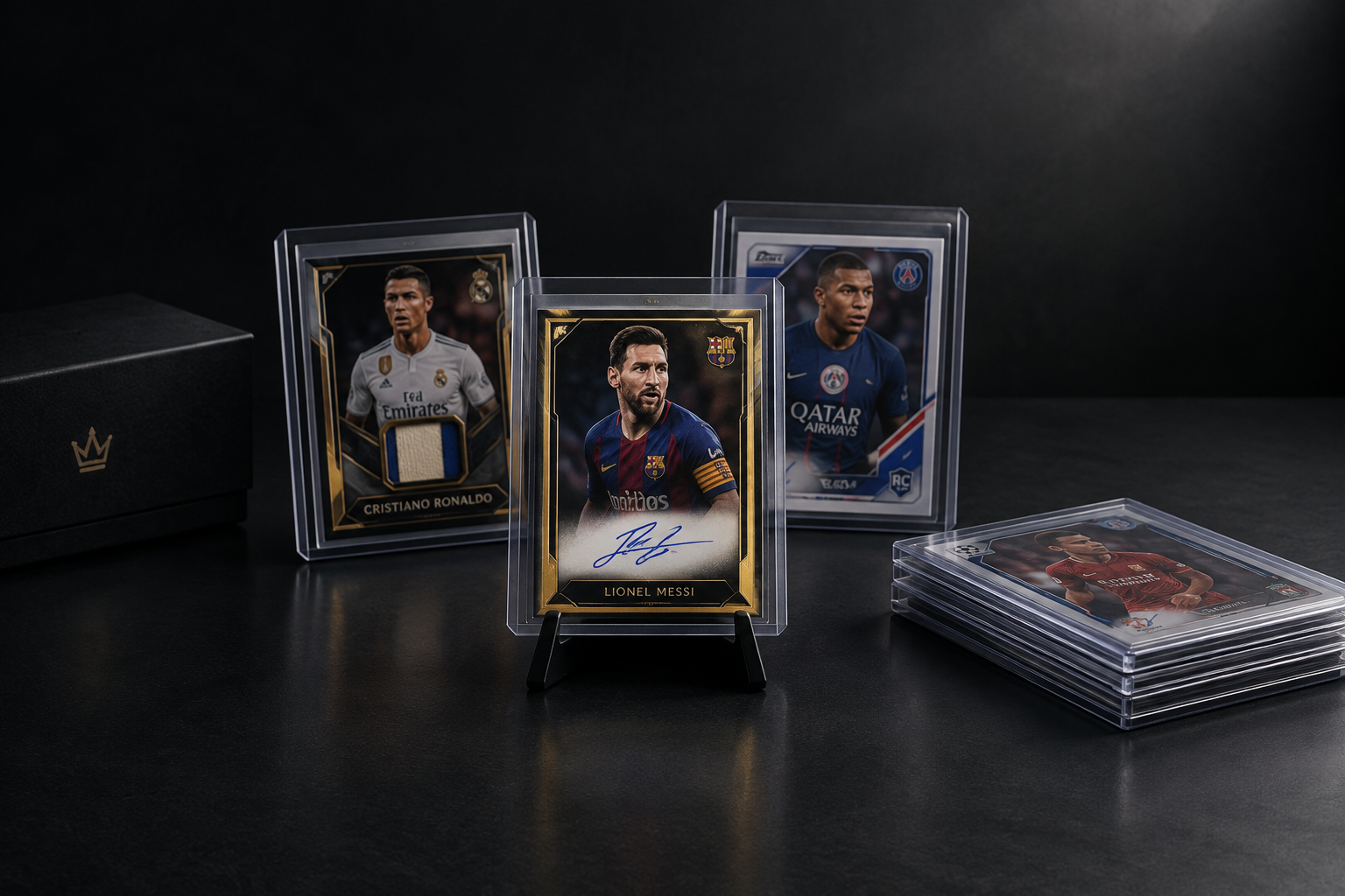 Curated arrangement of premium soccer trading cards in protective sleeves on a dark tabletop