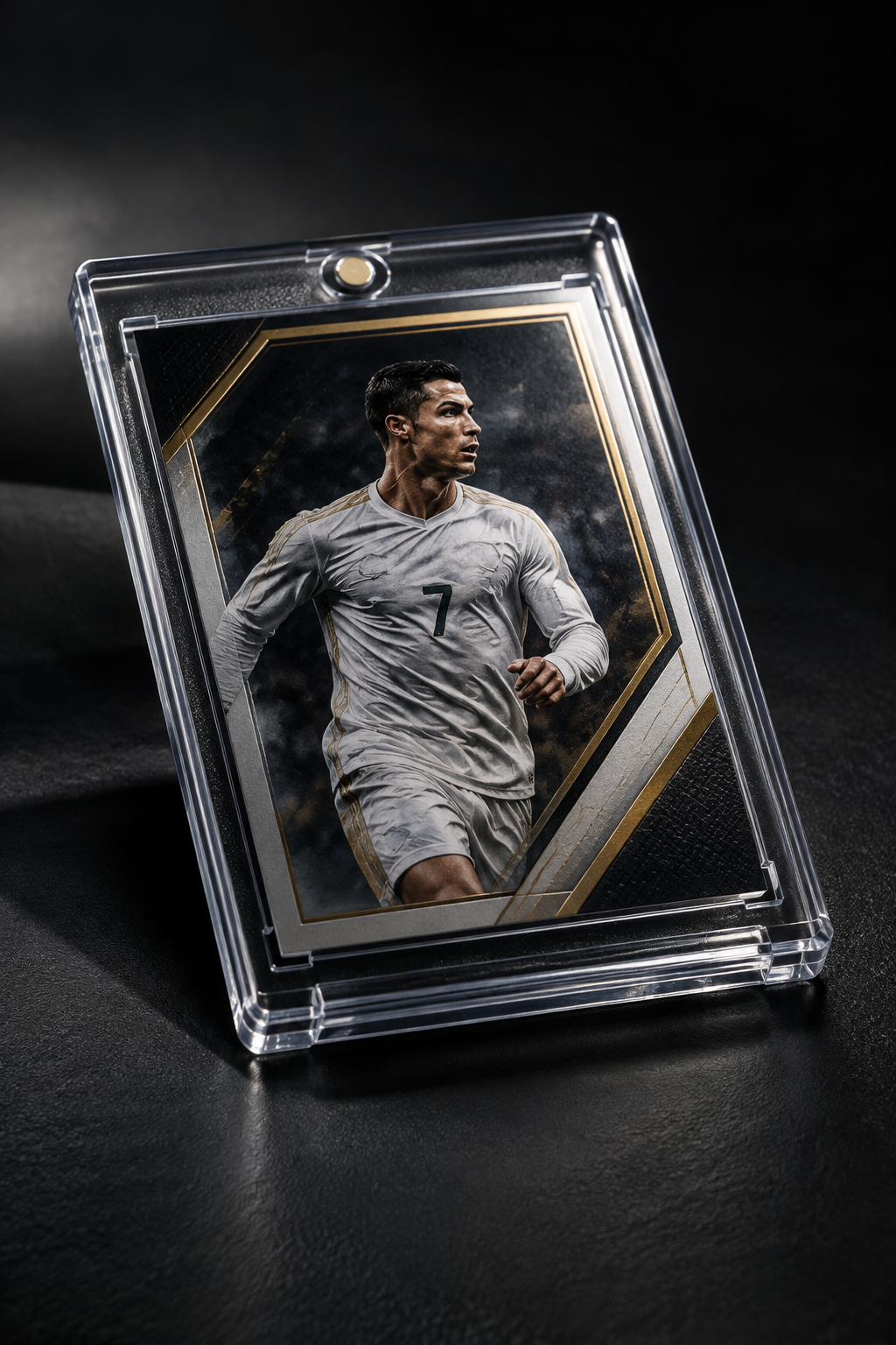 Close-up premium soccer trading card detail in a refined protective frame showing texture, edges, and condition clarity