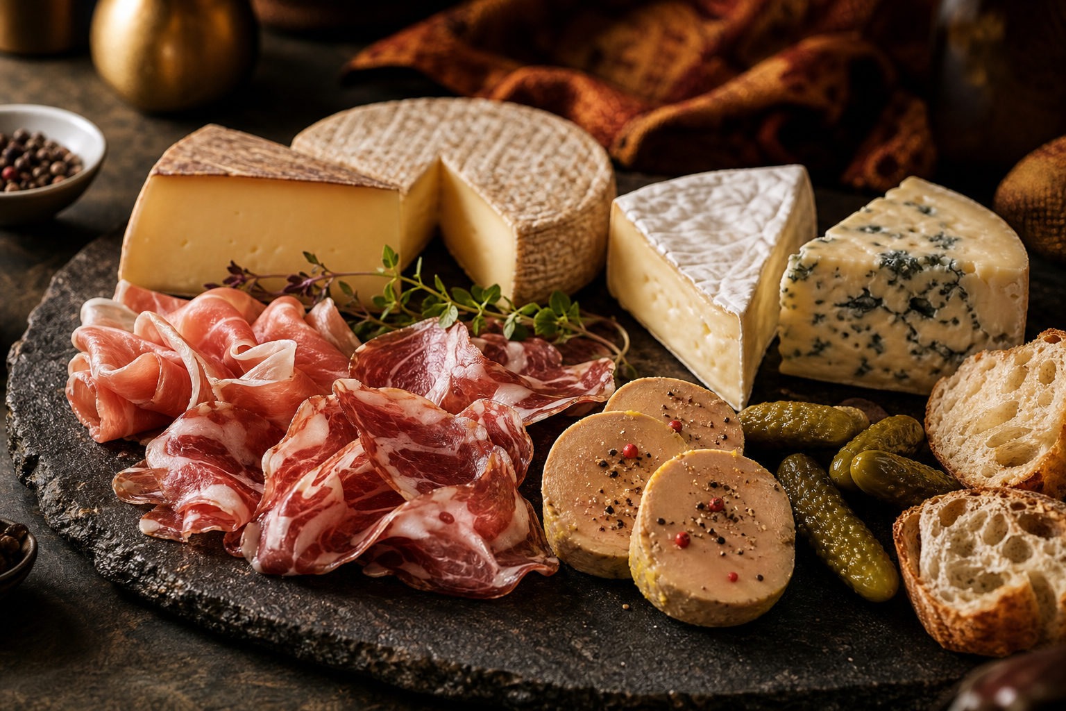 Gourmet delicatessen products including artisanal cheeses and charcuterie on a tasting board