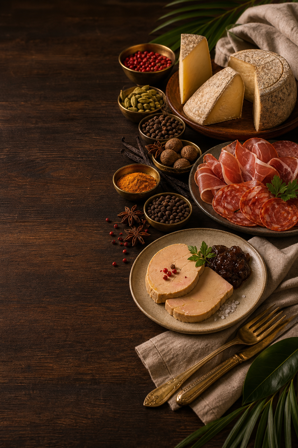 Premium gourmet assortment from Madagascar and the Indian Ocean presented on a refined table setting on the right side