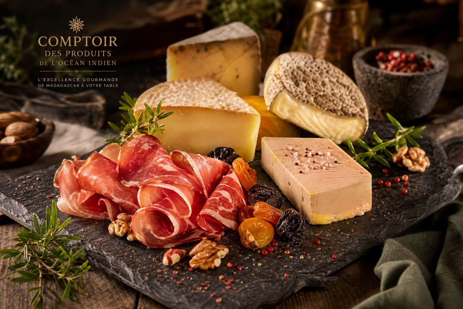 Plateau gastronomique avec fromages de Madagascar, tranches de charcuterie fine et foie gras présenté sur ardoise