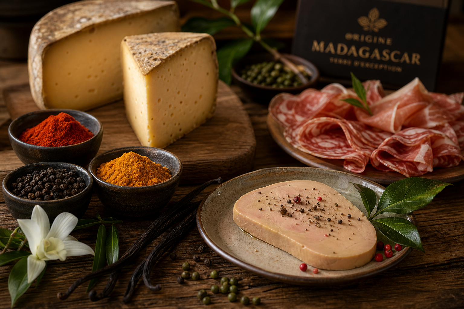 Assortiment gourmand de Madagascar avec épices, fromages artisanaux, foie gras et charcuterie fine sur une table en bois