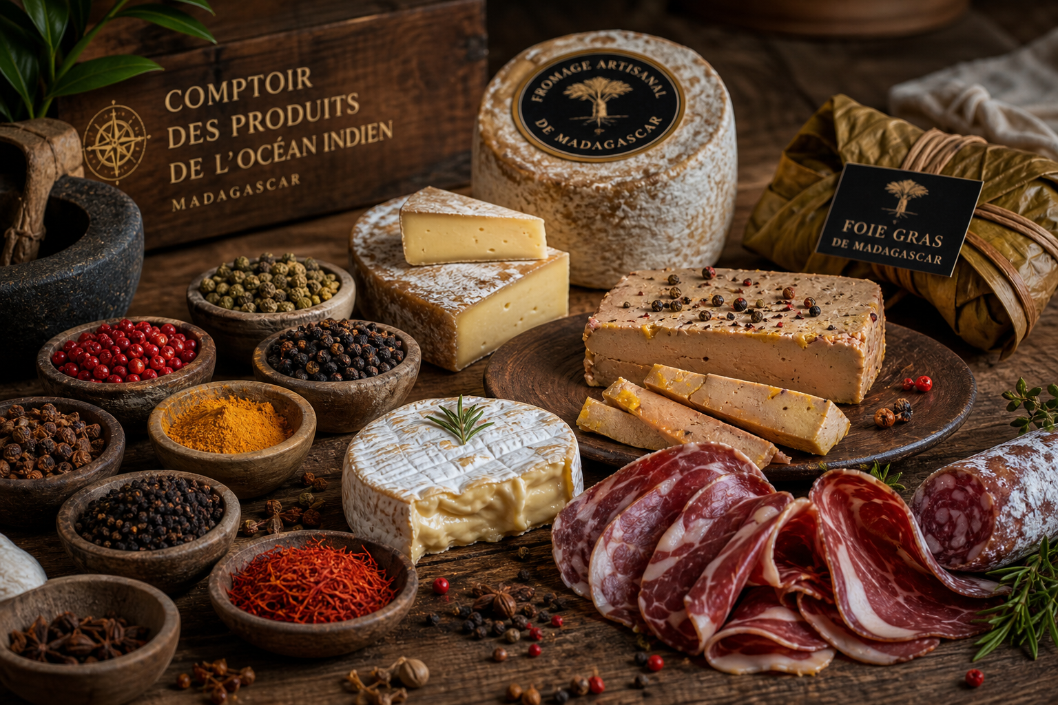 Assortiment gourmet de Madagascar avec épices, fromages artisanaux, foie gras et charcuteries fines sur une table en bois