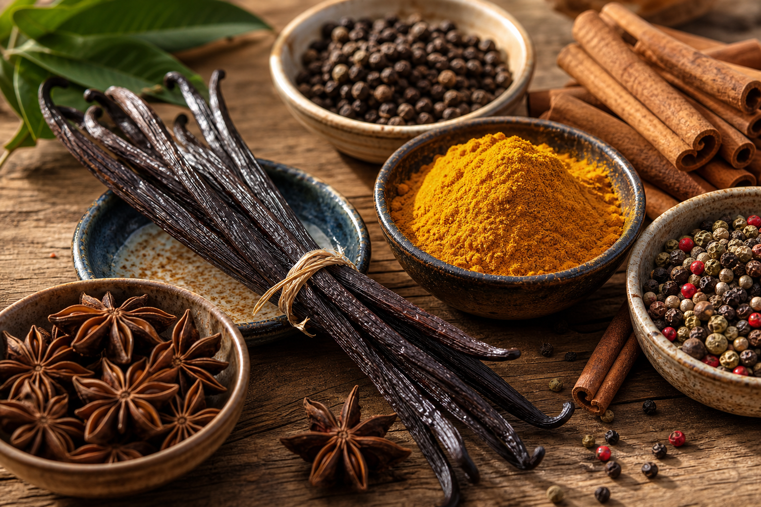 Madagascar spices and vanilla pods arranged on a rustic wooden table
