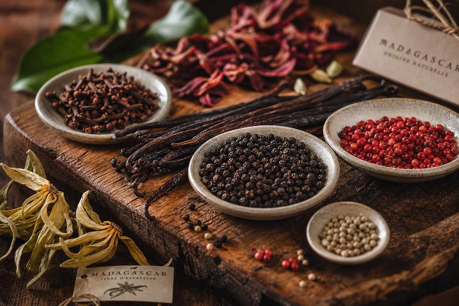 Assortiment d'épices de Madagascar avec poivre noir, gousses de vanille et fleurs séchées sur une planche en bois