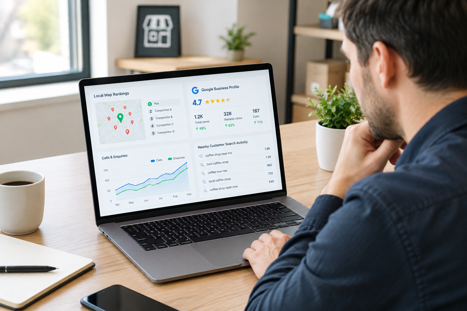 Consultant reviewing a local business map rankings dashboard on a laptop with storefront and location analytics visible