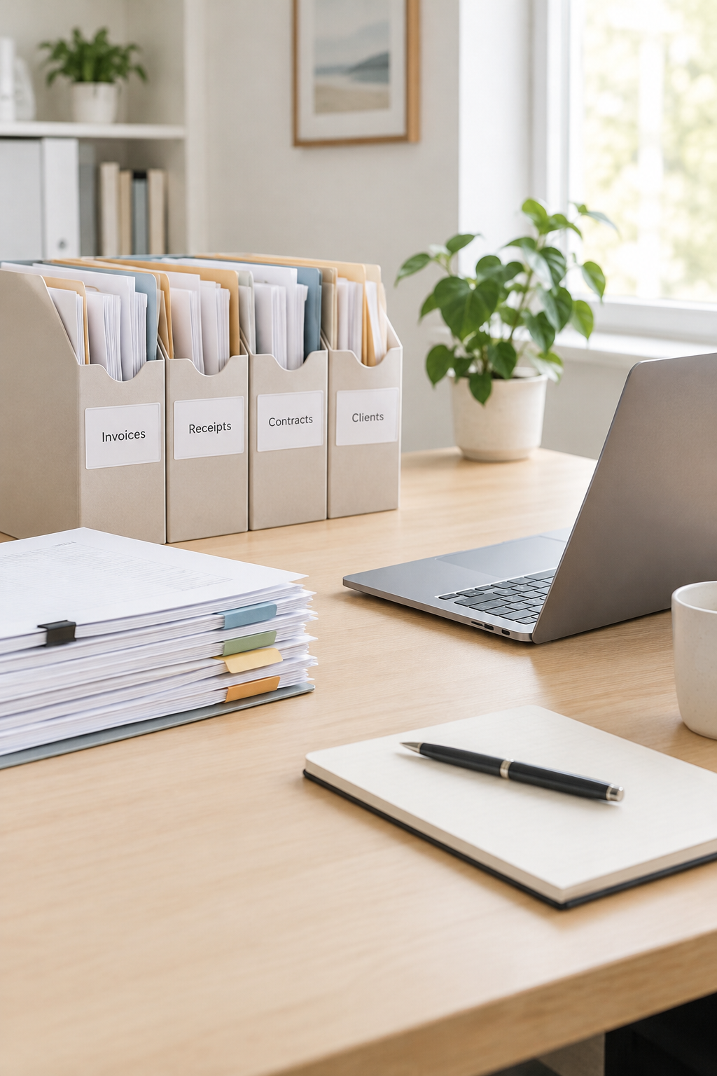 Calm small-business workspace with neatly labeled folders, invoices, and a laptop on a clean wooden desk