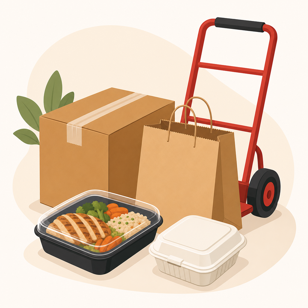 Flat illustration combining a moving box, hand truck, takeaway bag, and meal packaging