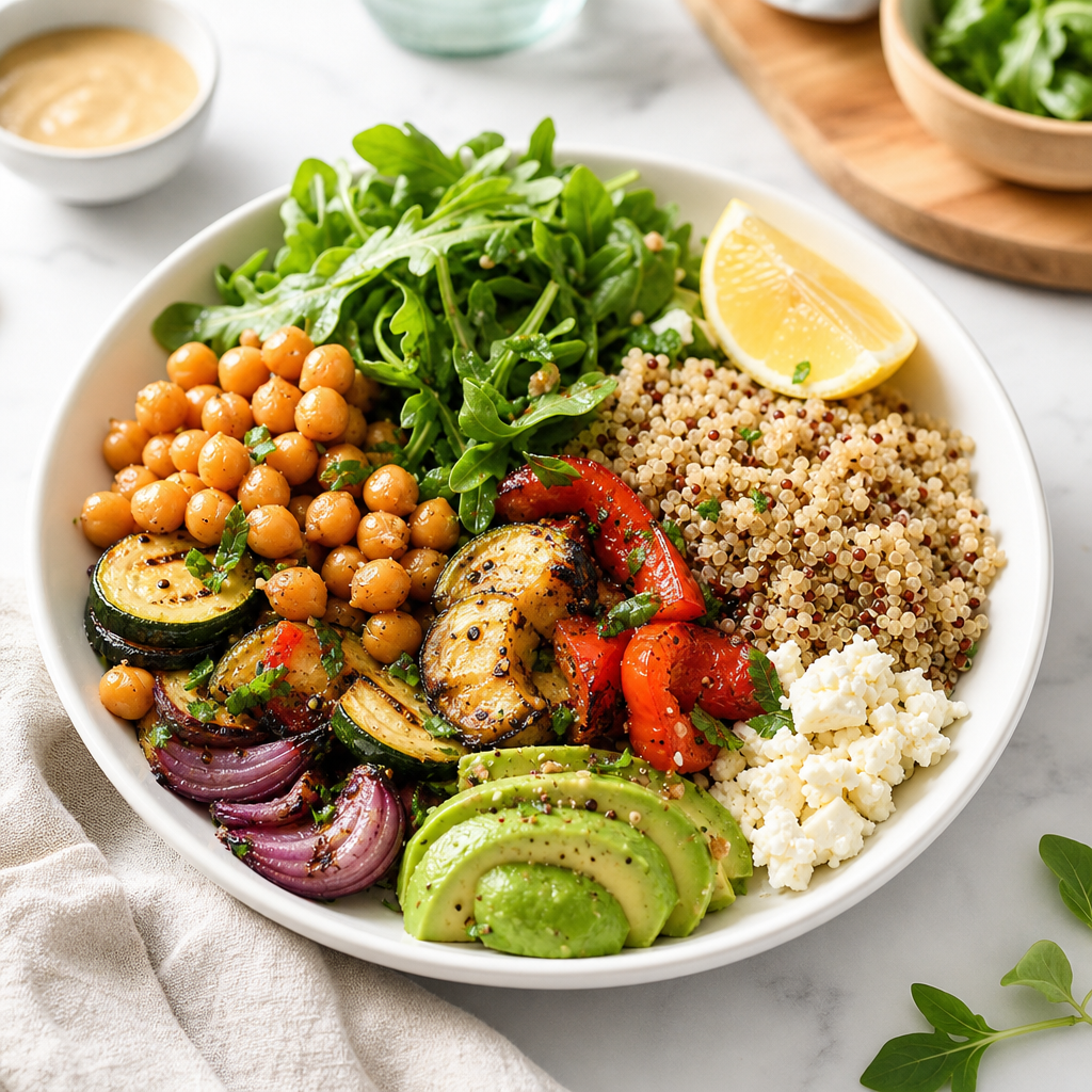 A colorful grain bowl with leafy greens, chickpeas, grilled vegetables, and a lemon wedge on a white plate.