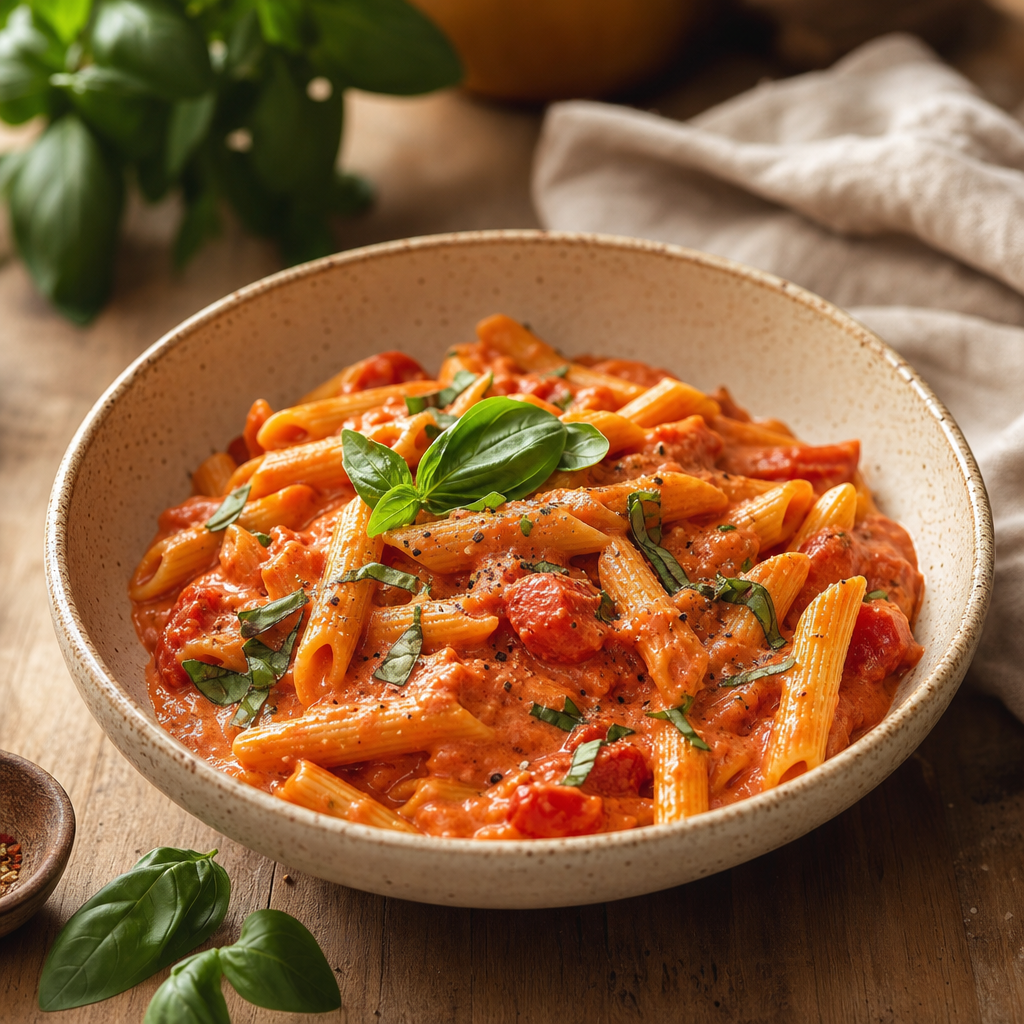 Creamy tomato pasta in a ceramic bowl