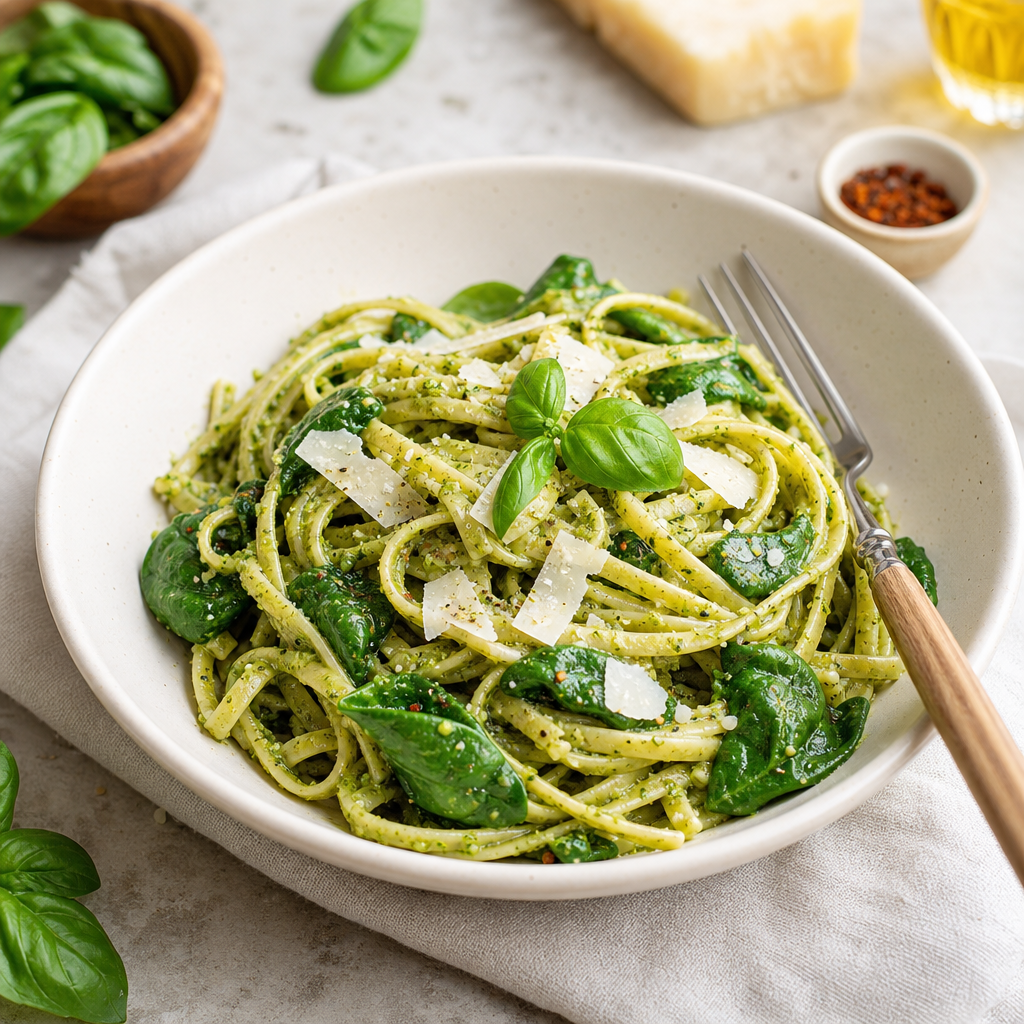 Creamy pesto pasta with spinach and parmesan in a shallow bowl