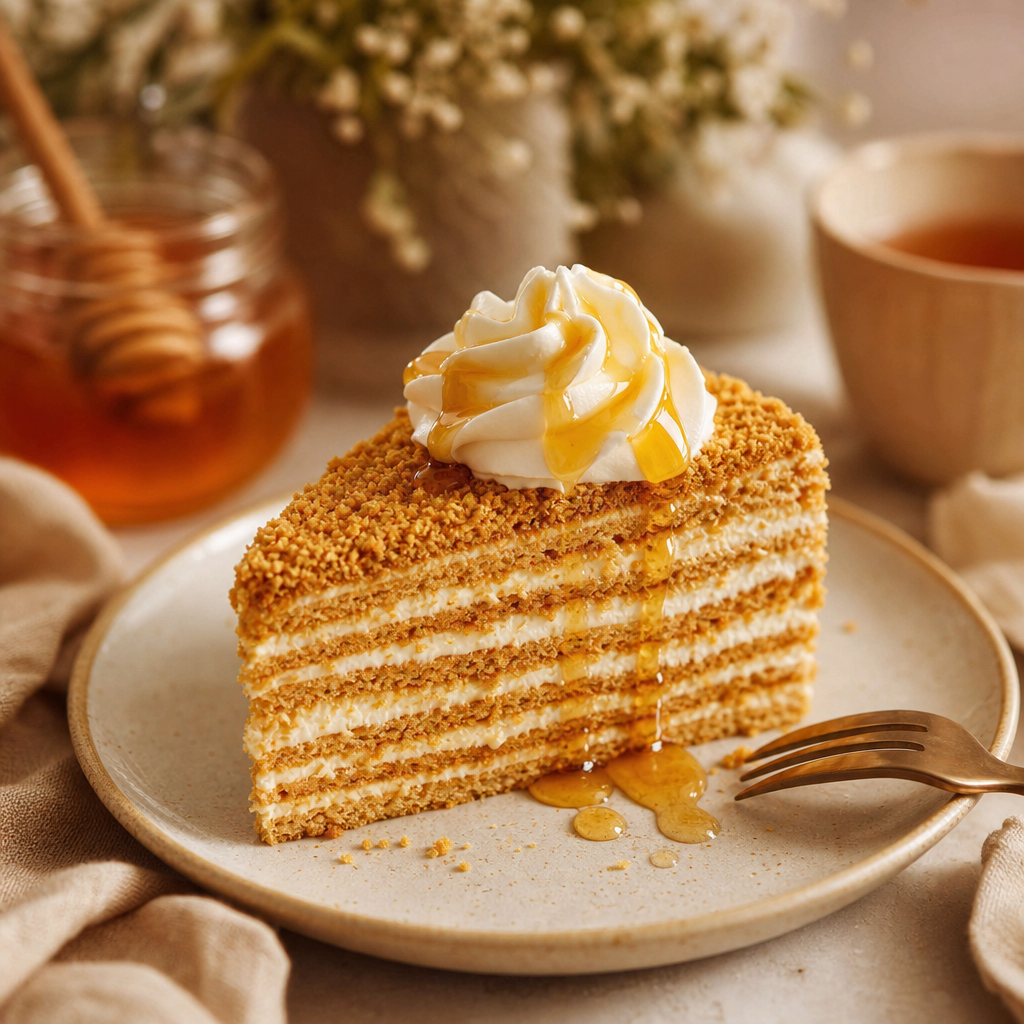 Slice of honey cake with whipped cream