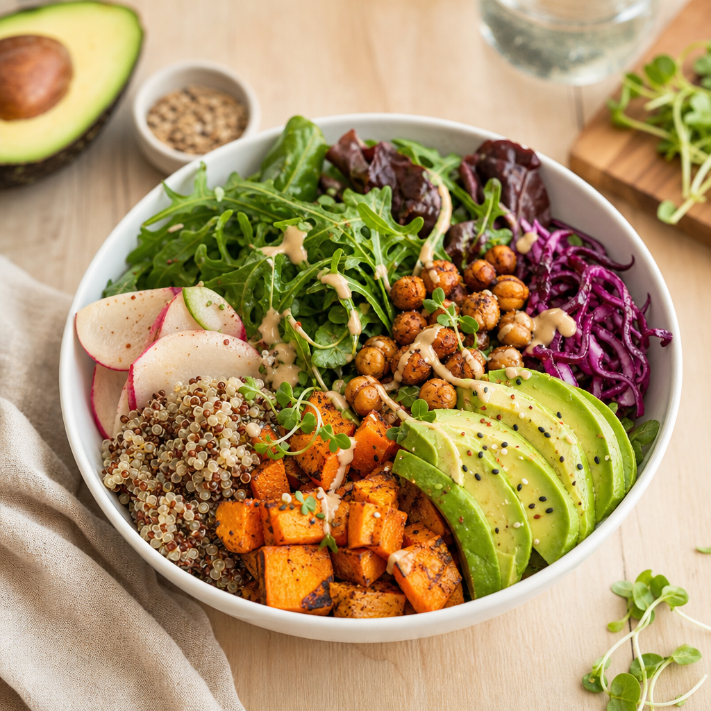 Colorful grain bowl with avocado and roasted vegetables