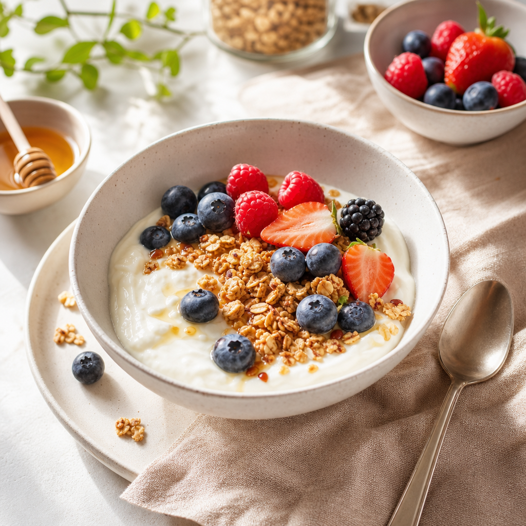 Bright breakfast bowl with yogurt, berries, and granola on a linen napkin